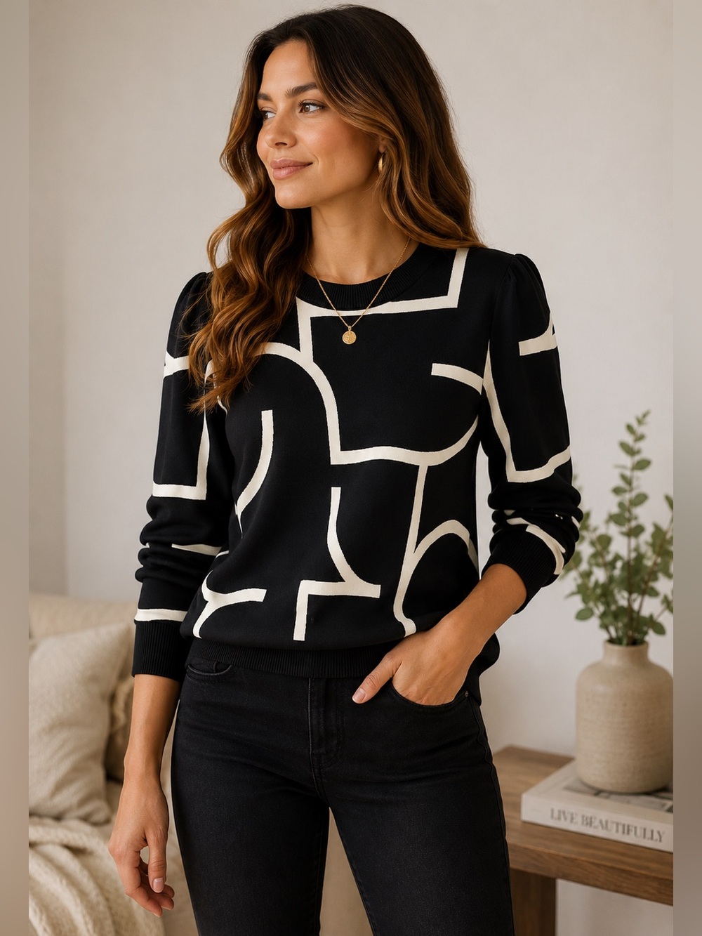 H&M Black & Cream Geometric Knit Sweater Size M